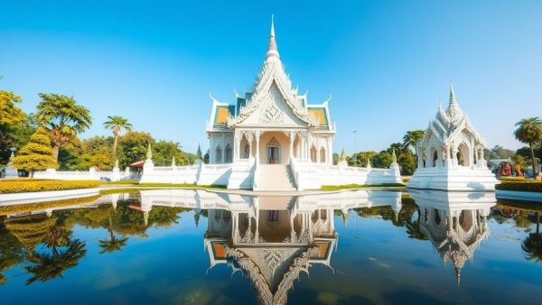 Chiang Mai sustainable tourism: stunning white temple with serene pond reflection.