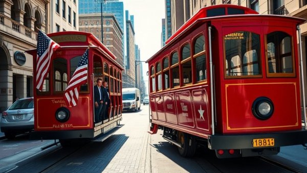 Historic Raleigh Trolley Tours red trolley in sunny urban street.