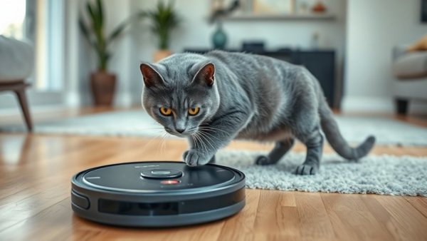 Curious gray cat with a robotic vacuum illustrating energy efficiency