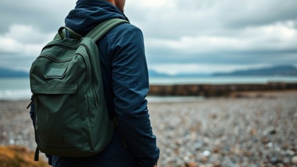 Green ethical backpack worn near a UK beach scene.
