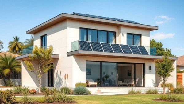 Modern sustainable home design with solar panels and glass doors.