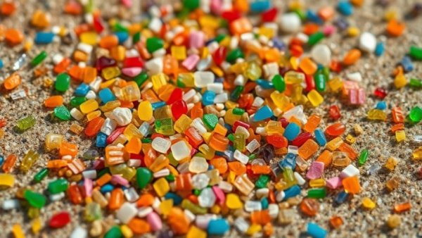 Close-up of colorful microplastic particles, depicting microplastics sources.