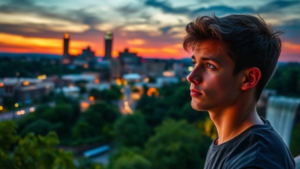 Retiring in Greenville SC: Reflective young man with city sunset.