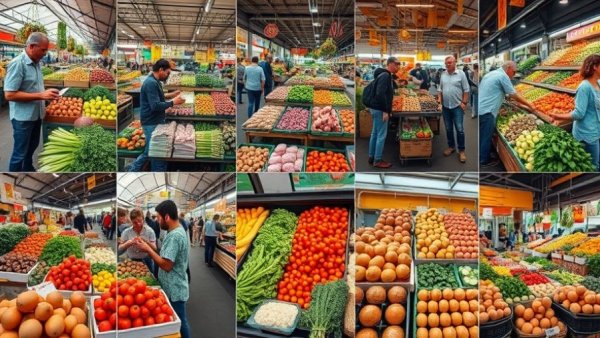 Collage showcasing vibrant farmers markets in the Triangle area with fresh produce.