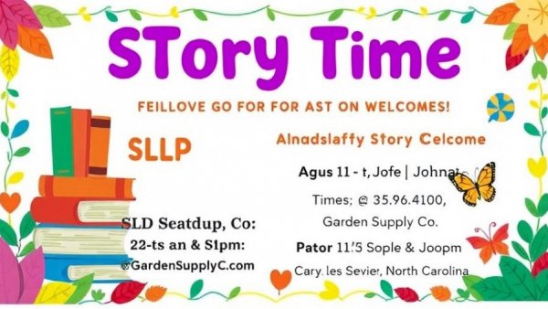 Flyer for SLP Storytime Cary North Carolina event in garden.