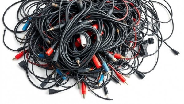 Pile of tangled old electrical wires and cables on white background.