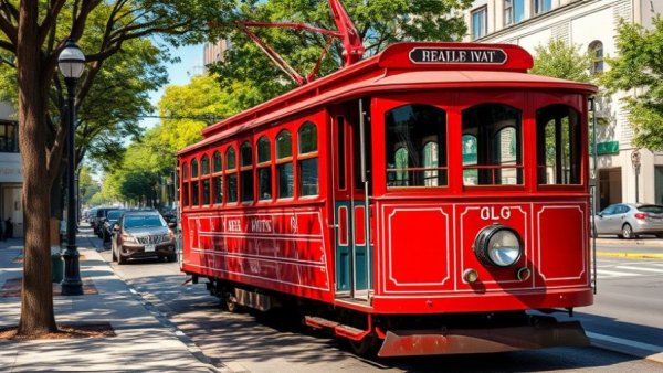 Red trolley on a street for Women's History Trolley Tour Raleigh.