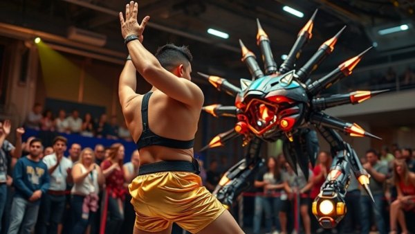 Vibrant local event in Durham with performer and robot engaging enthusiastically.