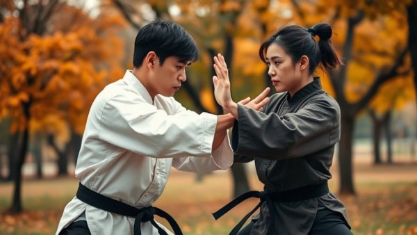 Family practicing Taekwondo outdoors with autumn leaves
