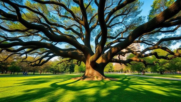 Sprawling tree in a park showcasing sustainable tree care practices.