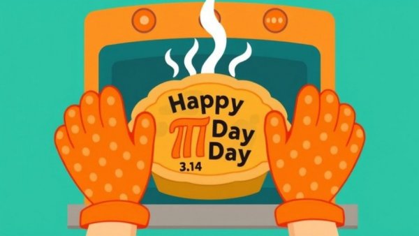 Pi Day Celebration pie illustration being removed from an oven.