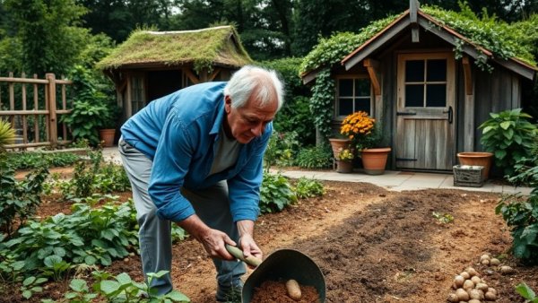 Older man harvesting potatoes in a rustic garden for a guide on how to grow potatoes anywhere.