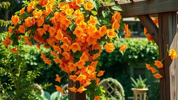 Eco-friendly gardening with vibrant orange trumpet vine on trellis