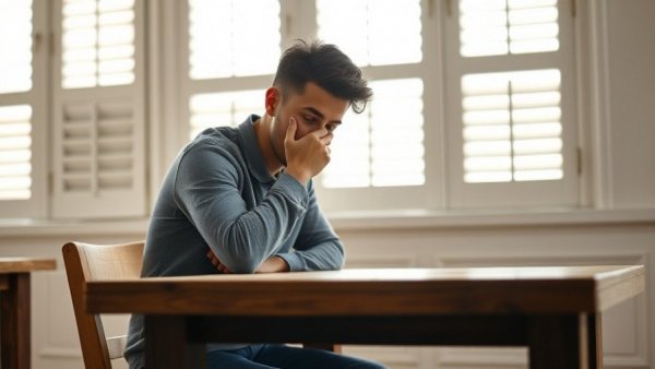 Signs of Stress Management: Contemplative man at table with hand on face.