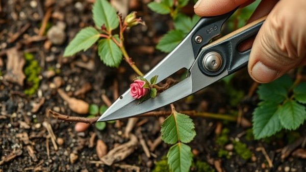 Close-up of rose pruning technique with garden shears.