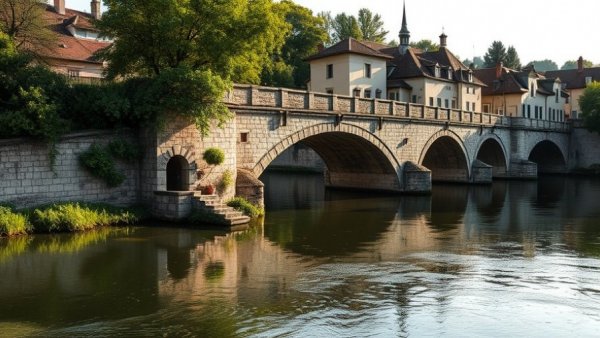 Historic stone bridge over river in European town with reflections.