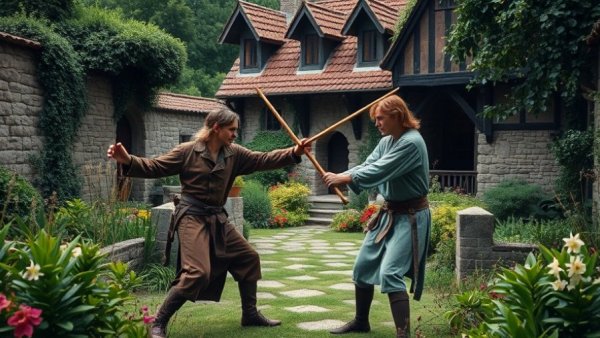 Medieval garden scene with eco-friendly gardening elements.