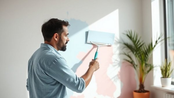 Man painting a modern room, suggesting hidden carbon cost of kitchen renovations.