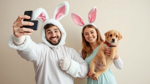 Free pet photos with the Easter Bunny include a bunny costume selfie.