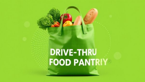 Drive-thru food pantry flyer with grocery bag and event details