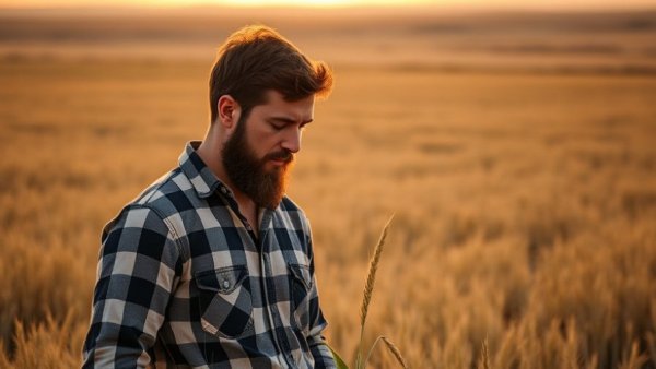 Man in field with tablet examining crop under sunset