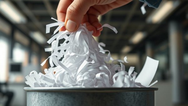 Hand holding shredded paper over a bin, recycling concept