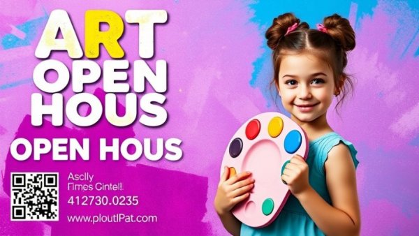 Open house ad for children's art classes featuring a young girl with a paint palette.