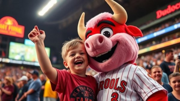 Child enjoying Durham Bulls Fan Fest with mascot, March 27 event.