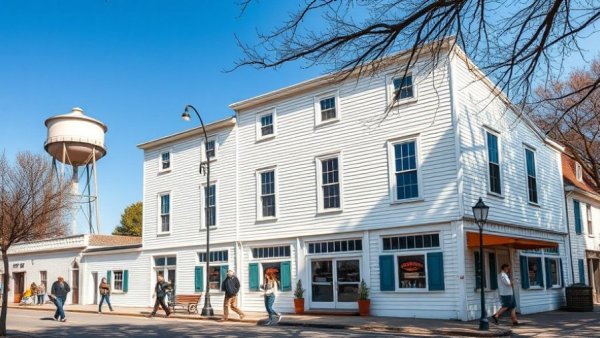 Historic building with people in sunshine, sustainable home design inspiration.