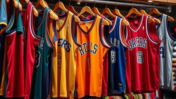 Vibrant basketball jerseys displayed in resale sports culture market.