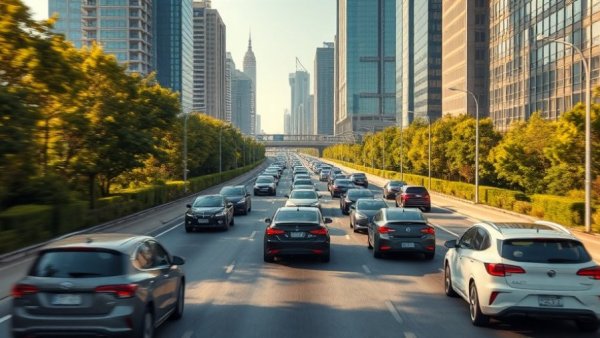 Urban highway illustrating globalisation of electric vehicles, diverse cars in motion.