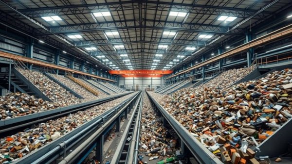 Industrial recycling process with conveyor belts sorting waste.