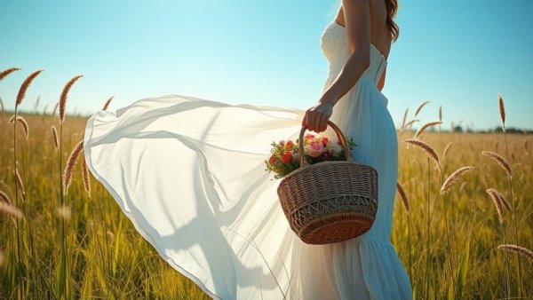 Sustainable women’s fashion brands 2026: woman in white dress in meadow.