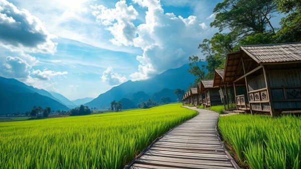 Lush green rice fields and pathway in Asian countryside, promoting greener travel in Asia.