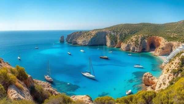 Sustainable Tourism Mallorca coastline with sailboats and greenery.