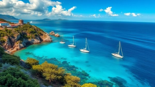 Picturesque cove showcasing sustainable tourism with clear waters and sailboats.