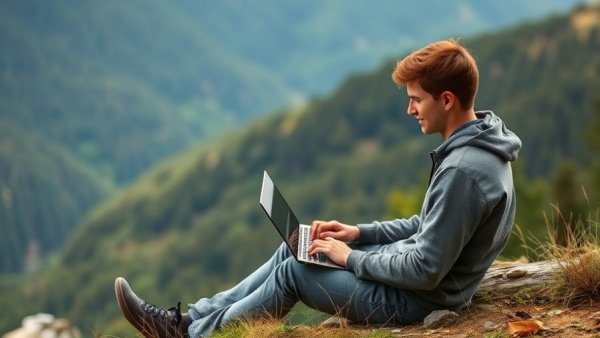 Man working on a laptop with a mountain view, sustainable home design.