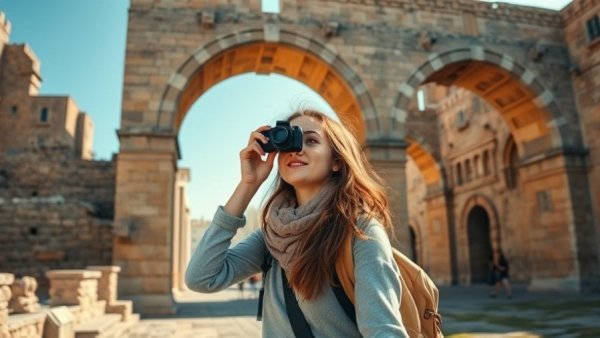 Sustainable tourism: Young woman exploring ancient arches