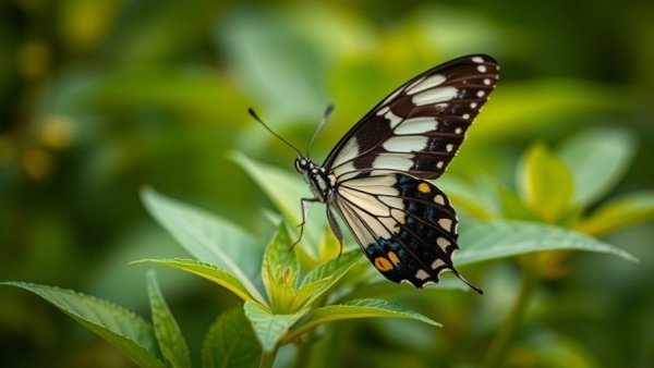 Eco-friendly gardening: butterfly on green leaves.