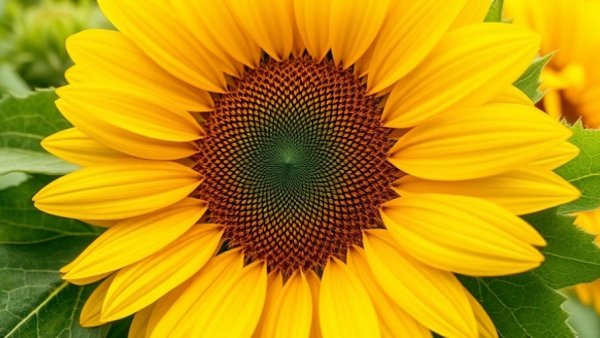 Close-up of a vibrant yellow sunflower with green leaves.