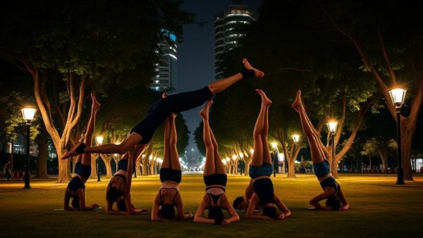 Group enjoying free acro yoga in Durham park at night.