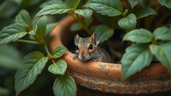 Small rodent peeking in garden, related to seasonal pest control.