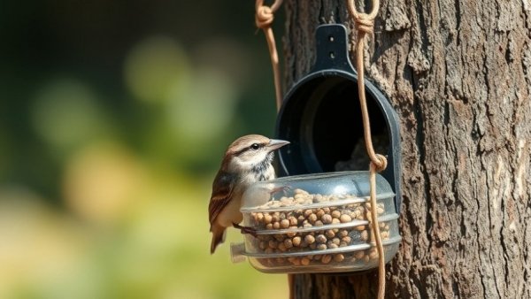 Bird on DIY bird feeder made from recycled bottle attached to tree.