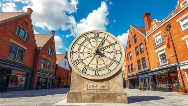 Large sundial sculpture in a courtyard surrounded by brick buildings, highlighting local events.