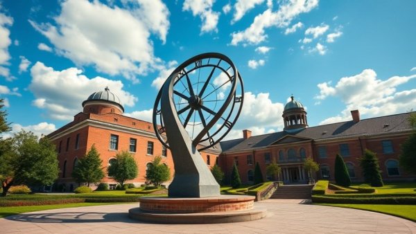 Sundial at Morehead Planetarium with historic building and blue sky
