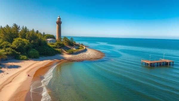Aerial view of Crystal Coast lighthouse with beach and pier.