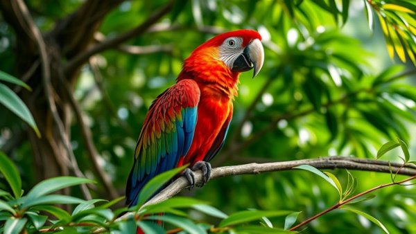 Scarlet macaw in rainforest, vibrant ecotourism destination.