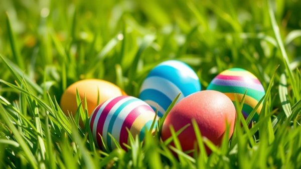Vibrant Easter eggs promoting local events on a grassy lawn.