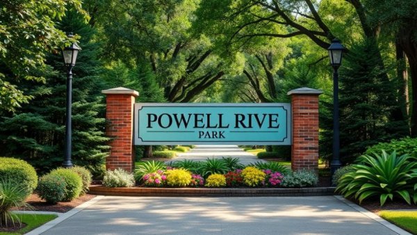 Powell Drive Park entrance with sign on a sunny day.