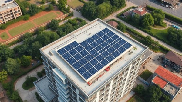 Aerial view of sustainable construction with solar panels for energy efficiency.